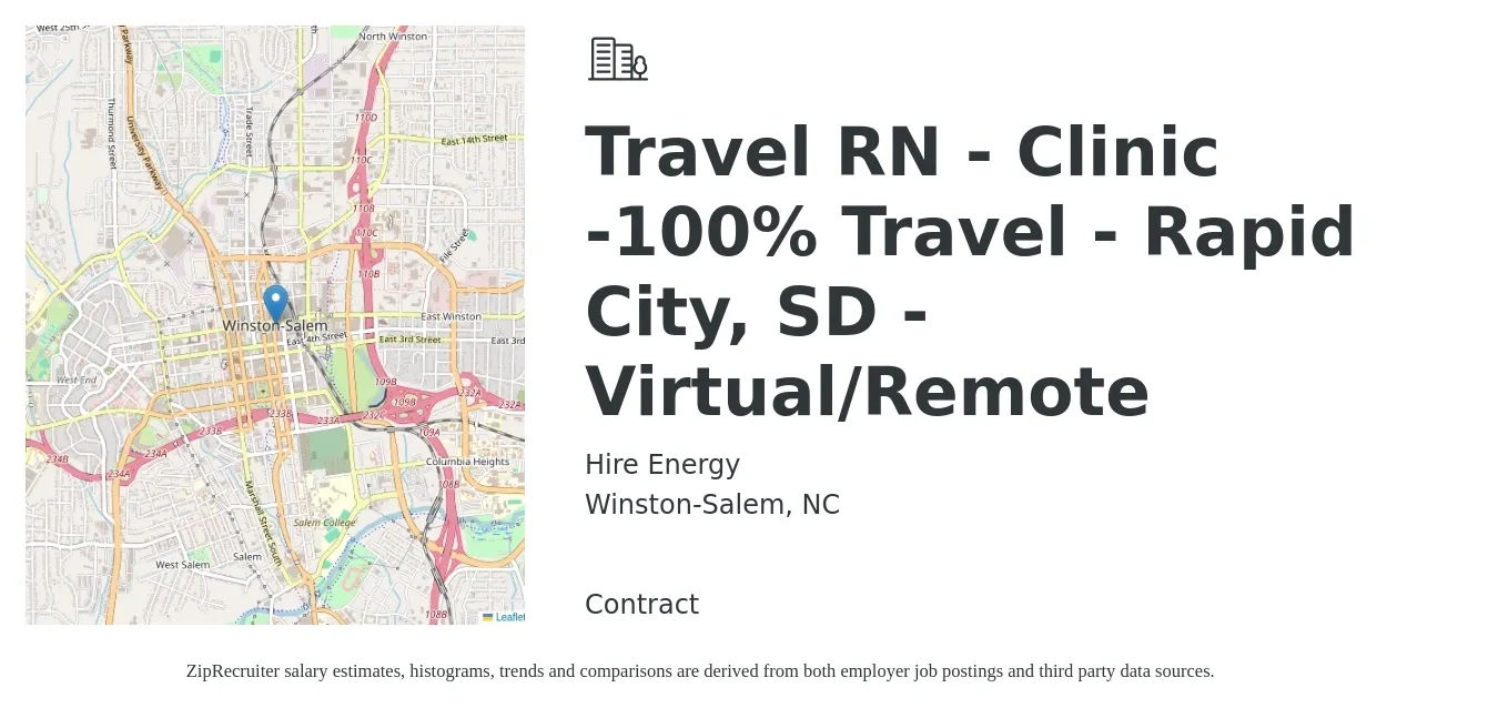 Hire Energy job posting for a Travel RN - Clinic -100% Travel - Rapid City, SD - Virtual/Remote in Winston-Salem, NC with a salary of $1,800 to $2,590 Weekly with a map of Winston-Salem location.