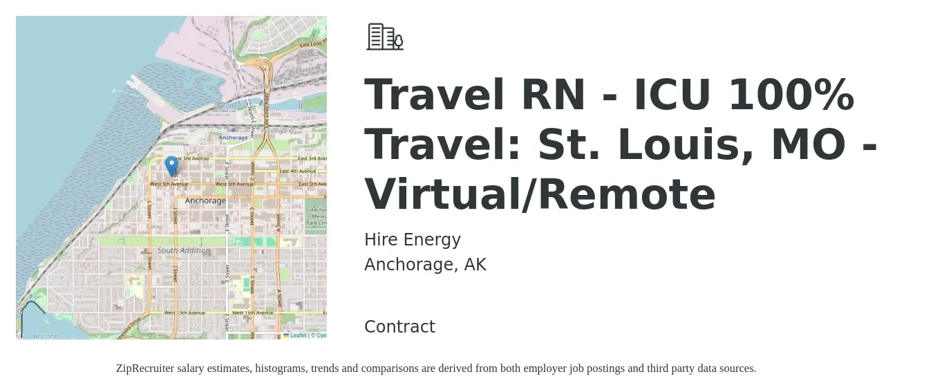 Hire Energy job posting for a Travel RN - ICU 100% Travel: St. Louis, MO - Virtual/Remote in Anchorage, AK with a salary of $2,130 to $2,920 Weekly with a map of Anchorage location.