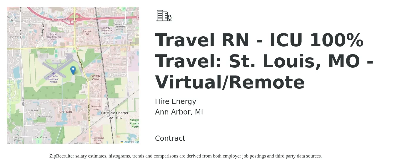 Hire Energy job posting for a Travel RN - ICU 100% Travel: St. Louis, MO - Virtual/Remote in Ann Arbor, MI with a salary of $2,030 to $2,800 Weekly with a map of Ann Arbor location.