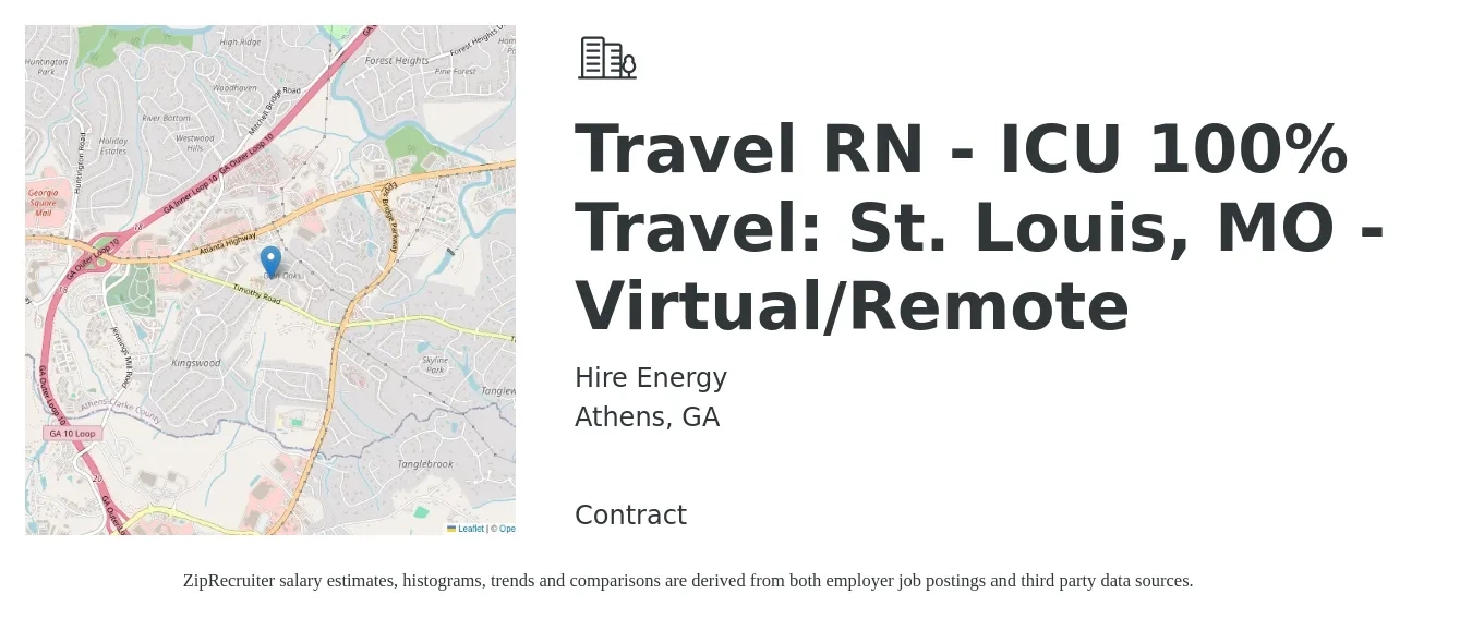 Hire Energy job posting for a Travel RN - ICU 100% Travel: St. Louis, MO - Virtual/Remote in Athens, GA with a salary of $2,010 to $2,760 Weekly with a map of Athens location.