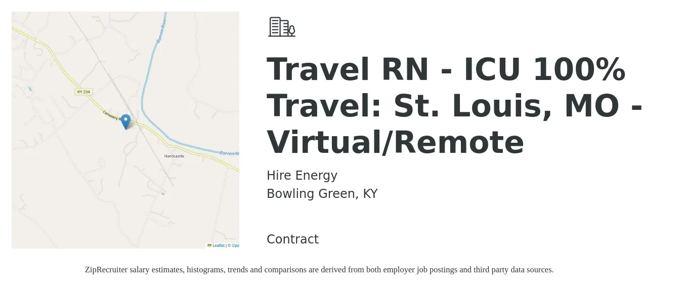 Hire Energy job posting for a Travel RN - ICU 100% Travel: St. Louis, MO - Virtual/Remote in Bowling Green, KY with a salary of $2,040 to $2,800 Weekly with a map of Bowling Green location.
