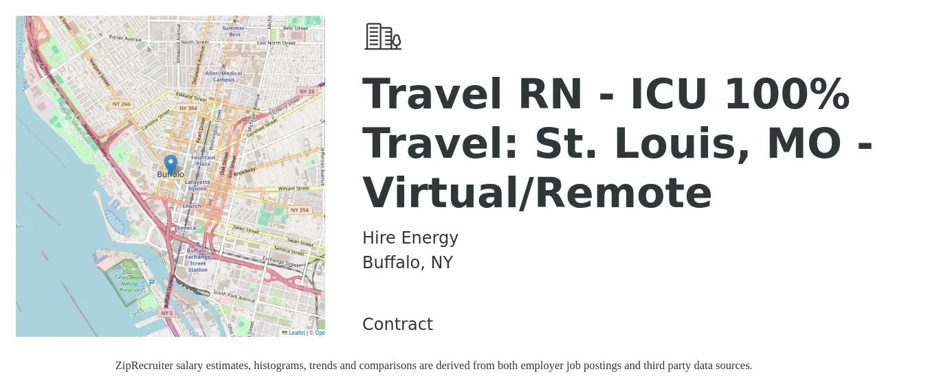 Hire Energy job posting for a Travel RN - ICU 100% Travel: St. Louis, MO - Virtual/Remote in Buffalo, NY with a salary of $2,010 to $2,770 Weekly with a map of Buffalo location.