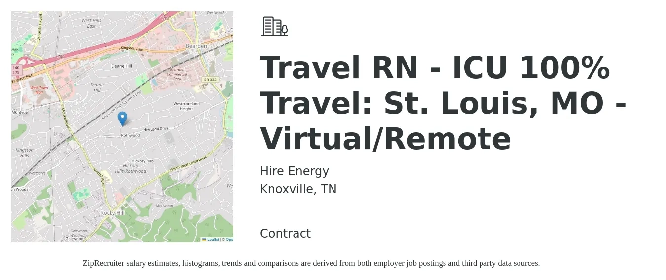 Hire Energy job posting for a Travel RN - ICU 100% Travel: St. Louis, MO - Virtual/Remote in Knoxville, TN with a salary of $1,990 to $2,730 Weekly with a map of Knoxville location.