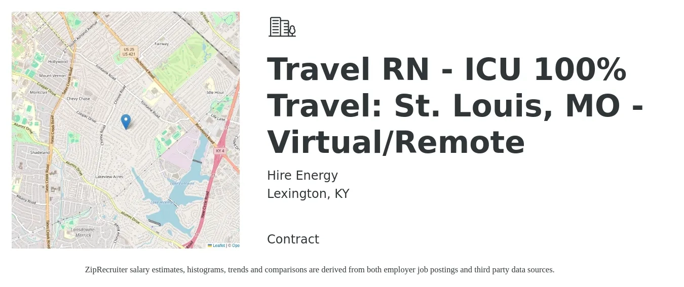 Hire Energy job posting for a Travel RN - ICU 100% Travel: St. Louis, MO - Virtual/Remote in Lexington, KY with a salary of $2,070 to $2,840 Weekly with a map of Lexington location.