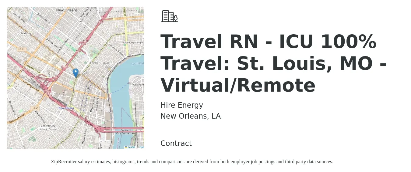 Hire Energy job posting for a Travel RN - ICU 100% Travel: St. Louis, MO - Virtual/Remote in New Orleans, LA with a salary of $2,000 to $2,750 Weekly with a map of New Orleans location.