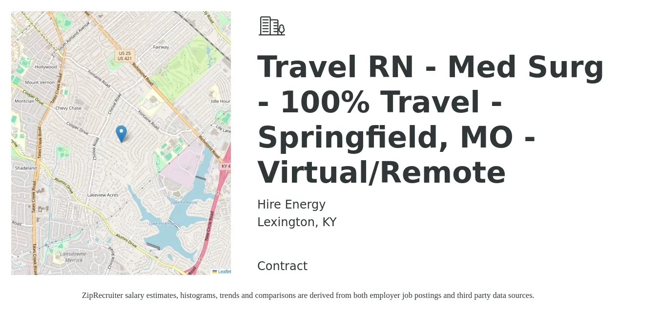 Hire Energy job posting for a Travel RN - Med Surg - 100% Travel - Springfield, MO - Virtual/Remote in Lexington, KY with a salary of $2,000 to $2,680 Weekly with a map of Lexington location.