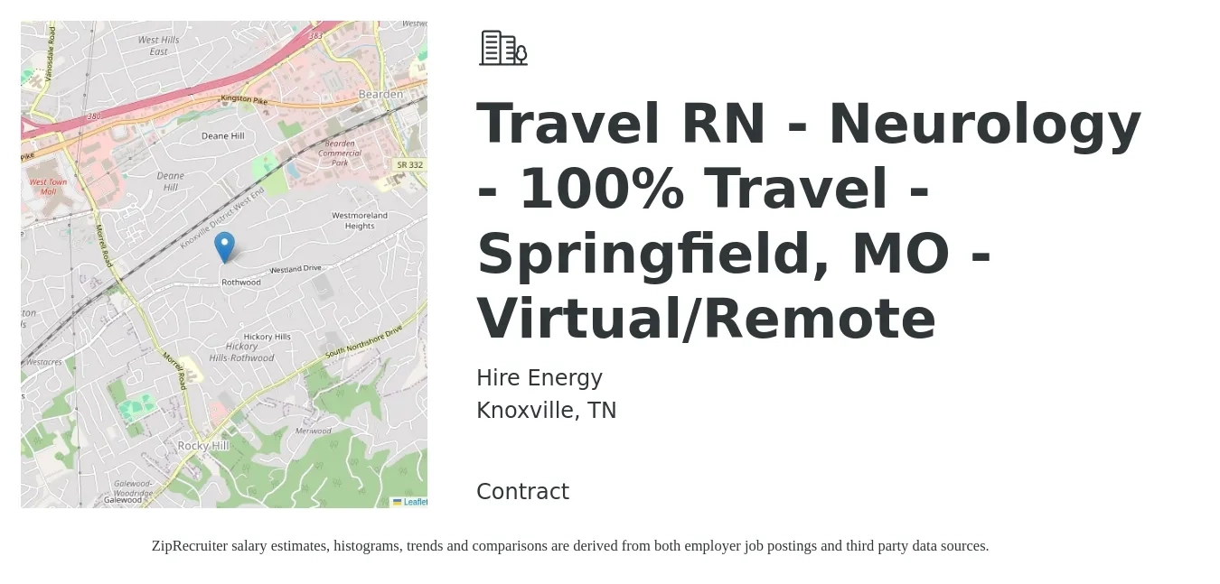 Hire Energy job posting for a Travel RN - Neurology - 100% Travel - Springfield, MO - Virtual/Remote in Knoxville, TN with a salary of $1,990 to $2,730 Weekly with a map of Knoxville location.