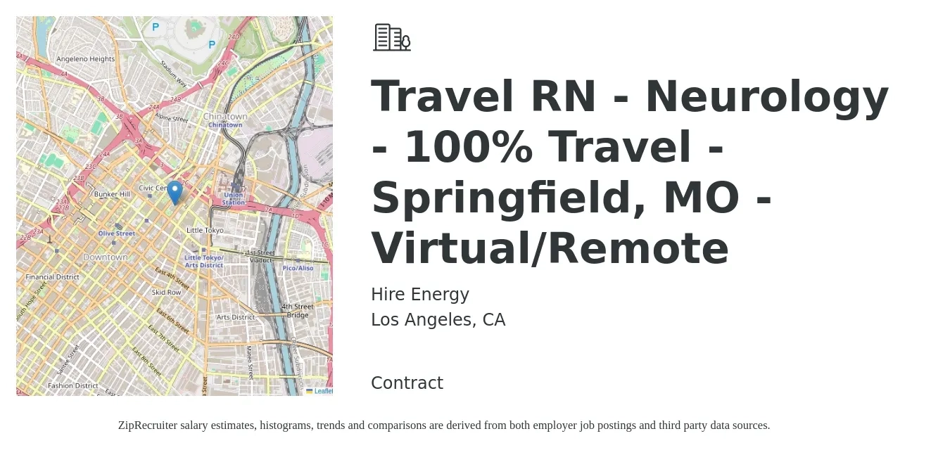 Hire Energy job posting for a Travel RN - Neurology - 100% Travel - Springfield, MO - Virtual/Remote in Los Angeles, CA with a salary of $2,240 to $3,080 Weekly with a map of Los Angeles location.