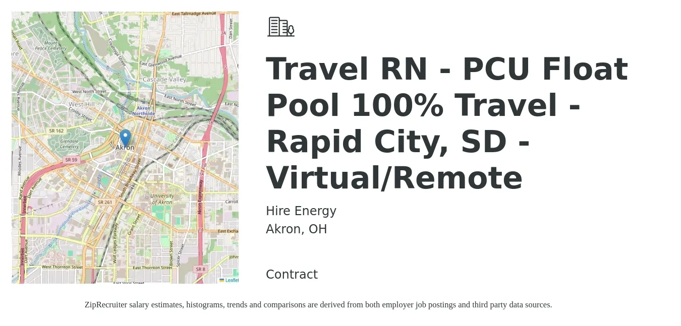Hire Energy job posting for a Travel RN - PCU Float Pool 100% Travel - Rapid City, SD - Virtual/Remote in Akron, OH with a salary of $1,950 to $2,640 Weekly with a map of Akron location.