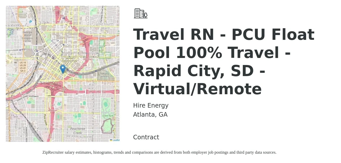 Hire Energy job posting for a Travel RN - PCU Float Pool 100% Travel - Rapid City, SD - Virtual/Remote in Atlanta, GA with a salary of $1,960 to $2,650 Weekly with a map of Atlanta location.