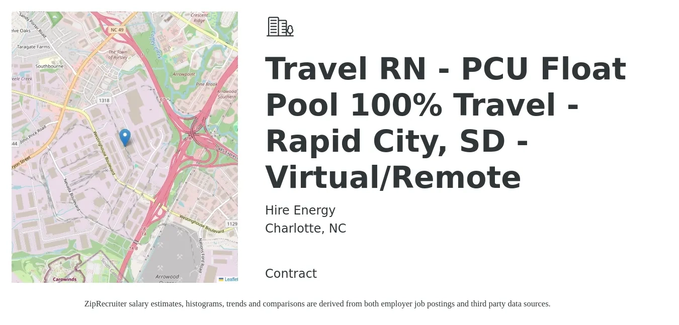 Hire Energy job posting for a Travel RN - PCU Float Pool 100% Travel - Rapid City, SD - Virtual/Remote in Charlotte, NC with a salary of $1,990 to $2,700 Weekly with a map of Charlotte location.