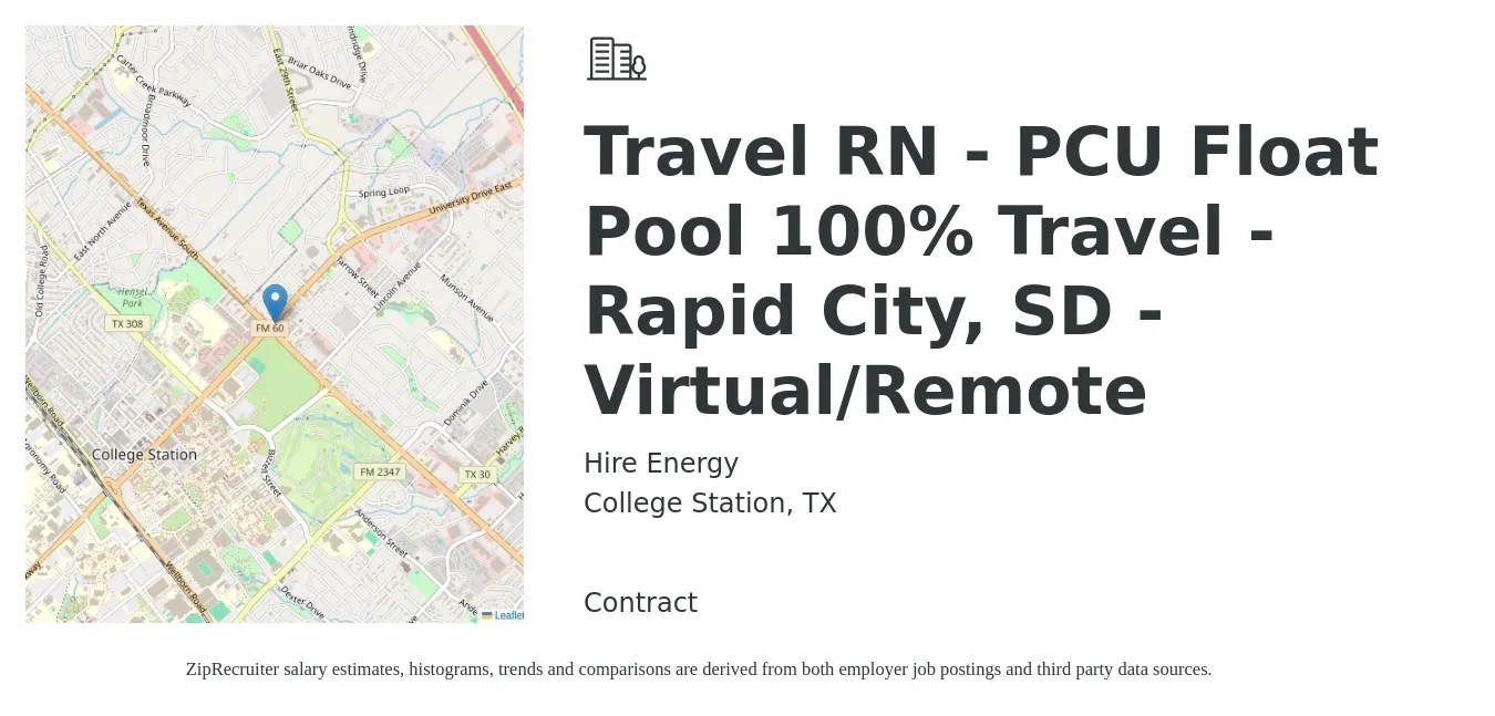Hire Energy job posting for a Travel RN - PCU Float Pool 100% Travel - Rapid City, SD - Virtual/Remote in College Station, TX with a salary of $1,690 to $2,280 Weekly with a map of College Station location.