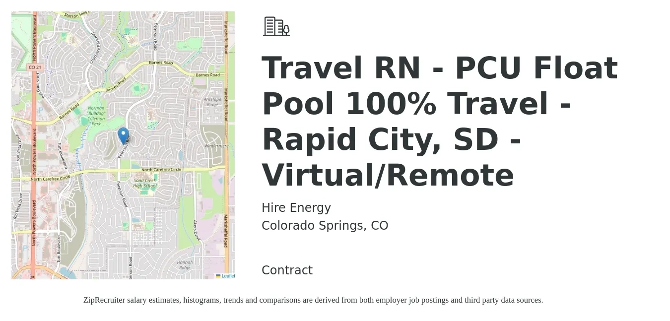 Hire Energy job posting for a Travel RN - PCU Float Pool 100% Travel - Rapid City, SD - Virtual/Remote in Colorado Springs, CO with a salary of $2,010 to $2,720 Weekly with a map of Colorado Springs location.