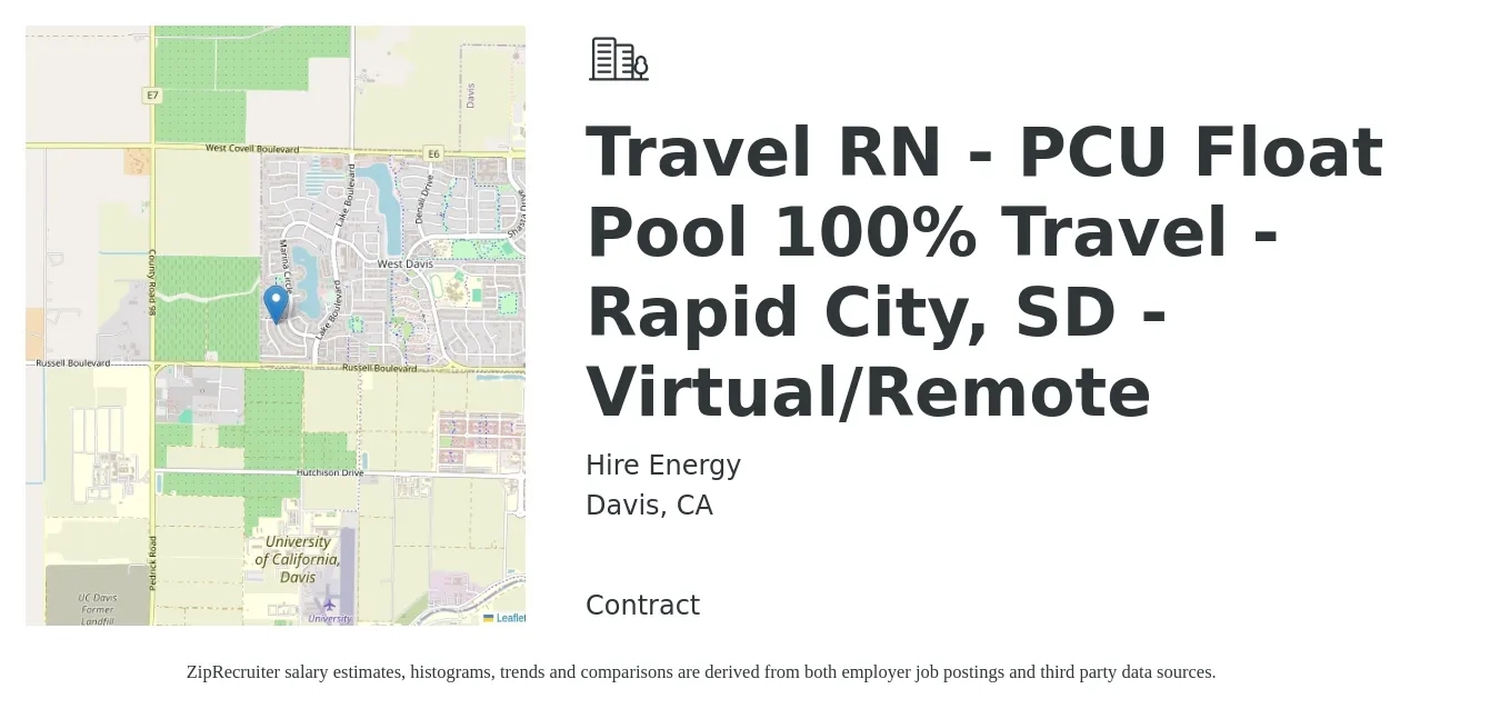 Hire Energy job posting for a Travel RN - PCU Float Pool 100% Travel - Rapid City, SD - Virtual/Remote in Davis, CA with a salary of $2,200 to $2,980 Weekly with a map of Davis location.