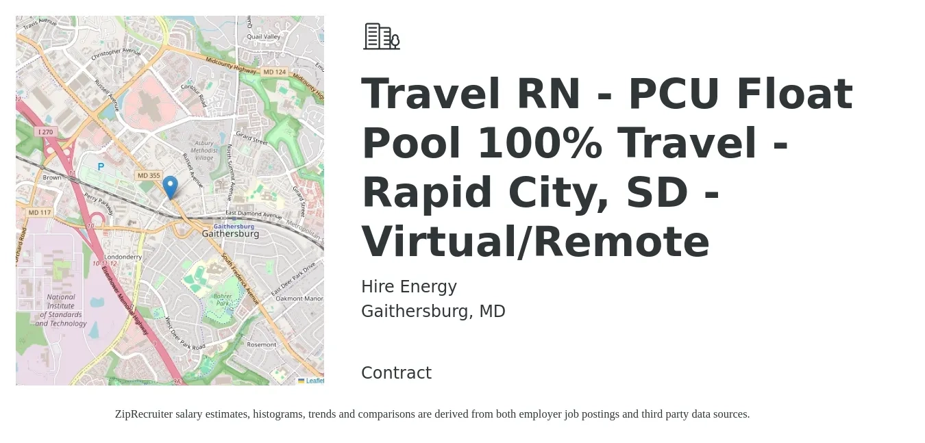 Hire Energy job posting for a Travel RN - PCU Float Pool 100% Travel - Rapid City, SD - Virtual/Remote in Gaithersburg, MD with a salary of $2,200 to $2,980 Weekly with a map of Gaithersburg location.