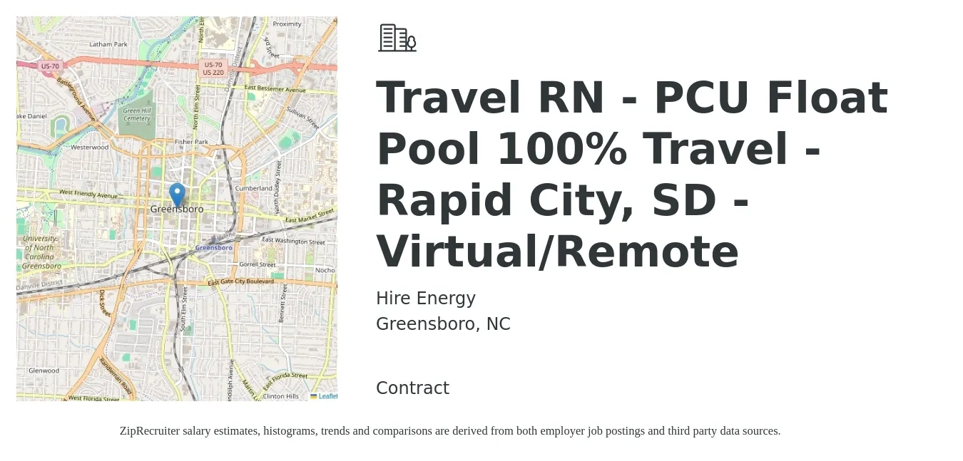 Hire Energy job posting for a Travel RN - PCU Float Pool 100% Travel - Rapid City, SD - Virtual/Remote in Greensboro, NC with a salary of $1,980 to $2,670 Weekly with a map of Greensboro location.