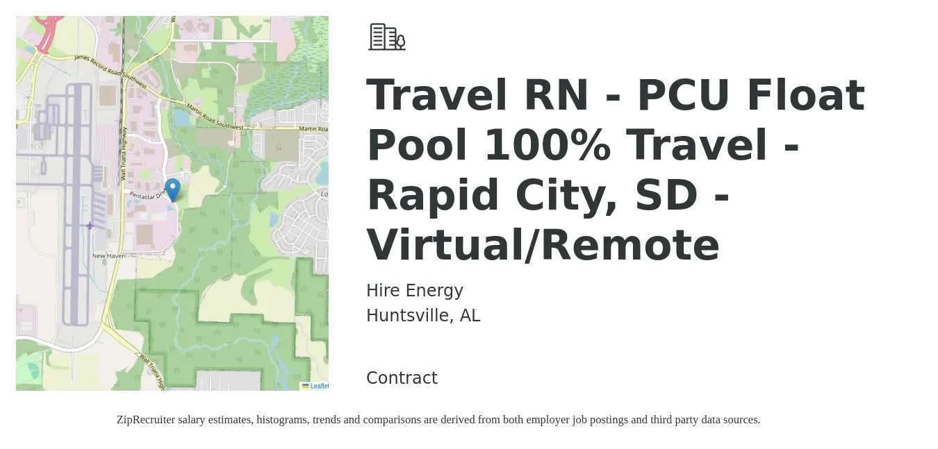 Hire Energy job posting for a Travel RN - PCU Float Pool 100% Travel - Rapid City, SD - Virtual/Remote in Huntsville, AL with a salary of $2,010 to $2,720 Weekly with a map of Huntsville location.