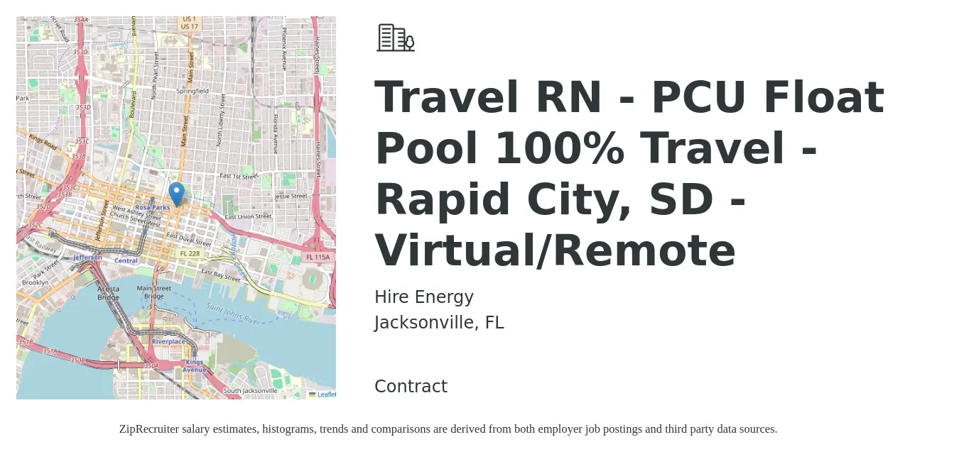 Hire Energy job posting for a Travel RN - PCU Float Pool 100% Travel - Rapid City, SD - Virtual/Remote in Jacksonville, FL with a salary of $1,890 to $2,560 Weekly with a map of Jacksonville location.