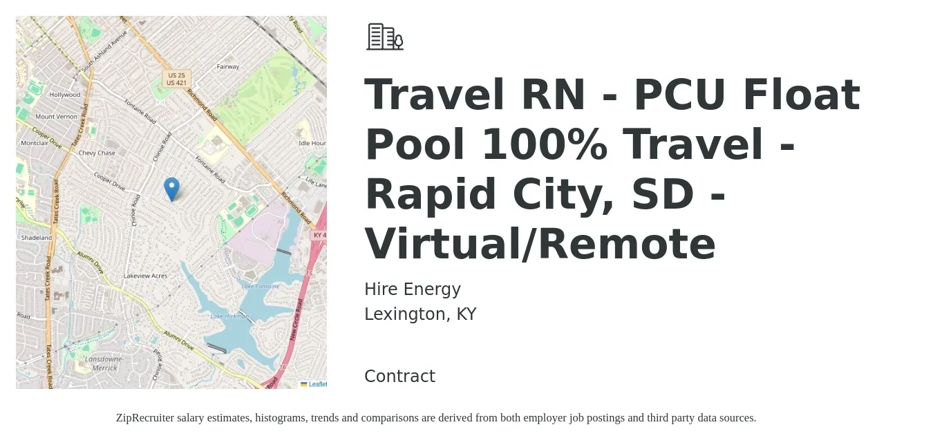 Hire Energy job posting for a Travel RN - PCU Float Pool 100% Travel - Rapid City, SD - Virtual/Remote in Lexington, KY with a salary of $2,030 to $2,740 Weekly with a map of Lexington location.