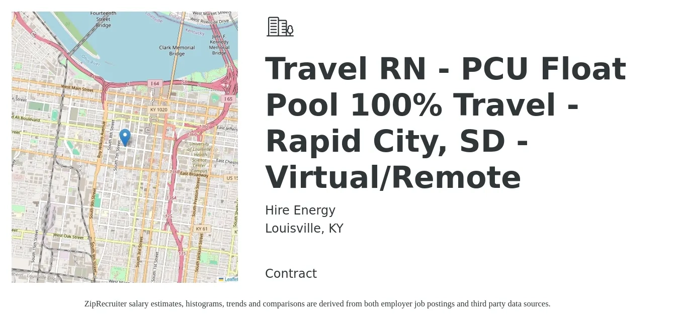 Hire Energy job posting for a Travel RN - PCU Float Pool 100% Travel - Rapid City, SD - Virtual/Remote in Louisville, KY with a salary of $1,960 to $2,650 Weekly with a map of Louisville location.