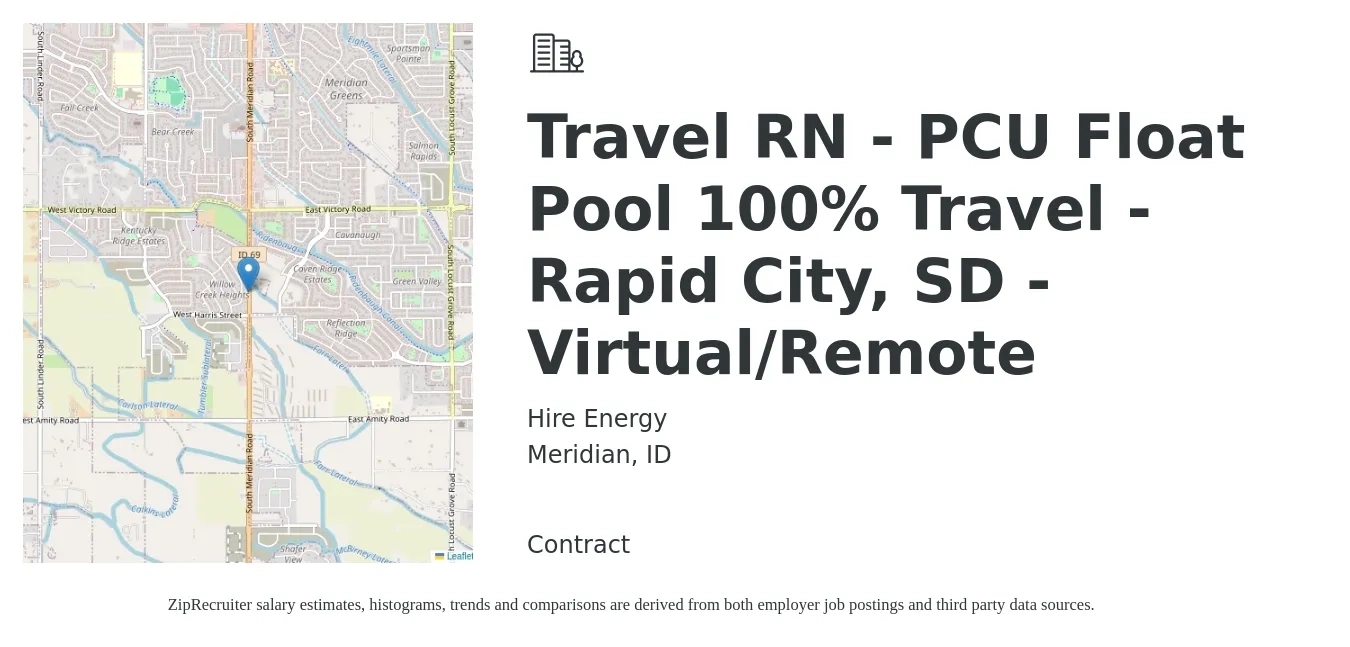 Hire Energy job posting for a Travel RN - PCU Float Pool 100% Travel - Rapid City, SD - Virtual/Remote in Meridian, ID with a salary of $1,980 to $2,680 Weekly with a map of Meridian location.