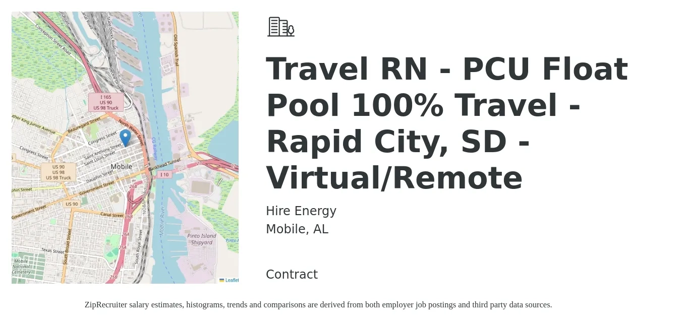 Hire Energy job posting for a Travel RN - PCU Float Pool 100% Travel - Rapid City, SD - Virtual/Remote in Mobile, AL with a salary of $2,020 to $2,740 Weekly with a map of Mobile location.