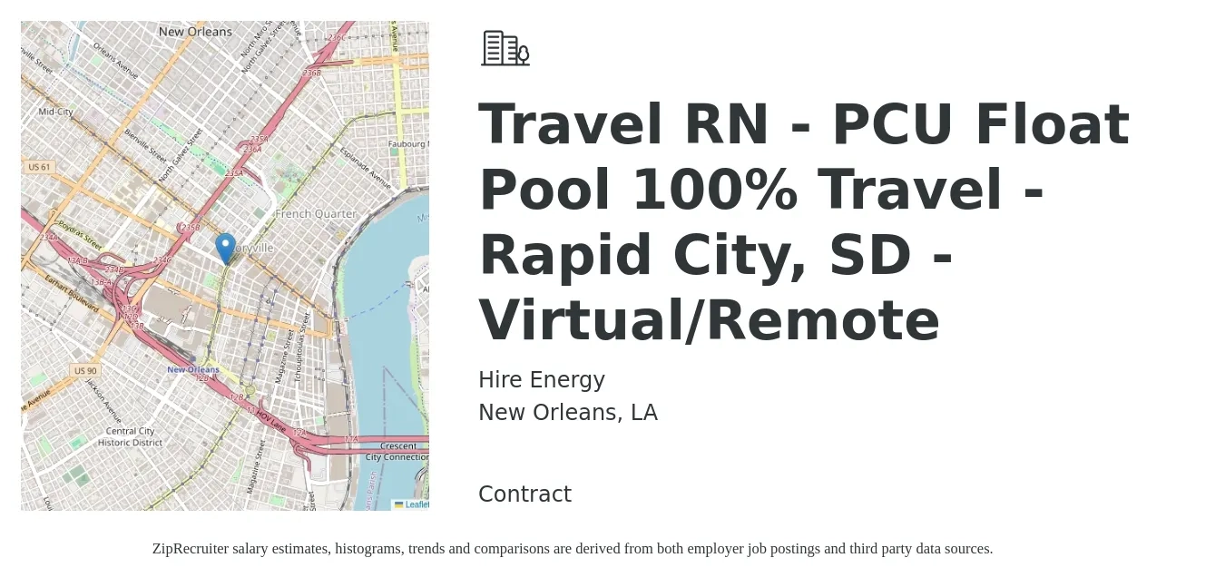 Hire Energy job posting for a Travel RN - PCU Float Pool 100% Travel - Rapid City, SD - Virtual/Remote in New Orleans, LA with a salary of $1,960 to $2,650 Weekly with a map of New Orleans location.