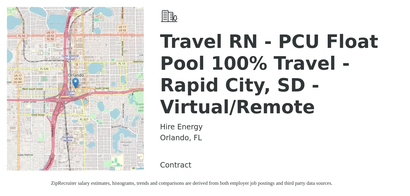 Hire Energy job posting for a Travel RN - PCU Float Pool 100% Travel - Rapid City, SD - Virtual/Remote in Orlando, FL with a salary of $1,900 to $2,580 Weekly with a map of Orlando location.