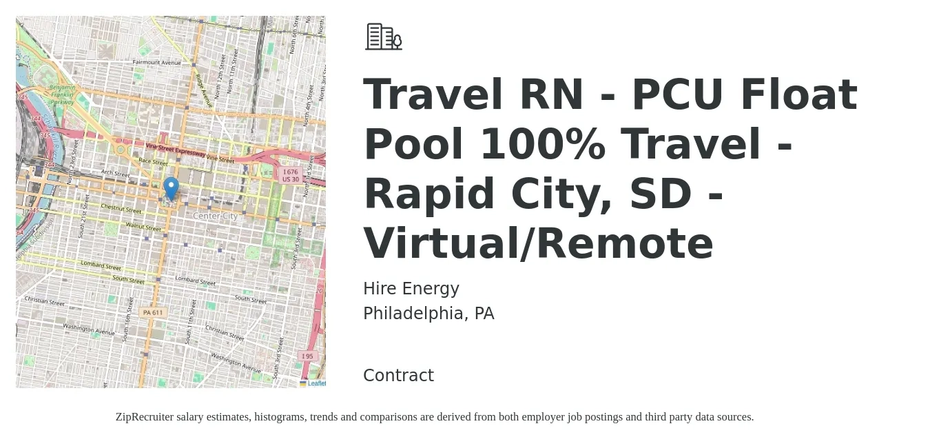 Hire Energy job posting for a Travel RN - PCU Float Pool 100% Travel - Rapid City, SD - Virtual/Remote in Philadelphia, PA with a salary of $2,060 to $2,790 Weekly with a map of Philadelphia location.