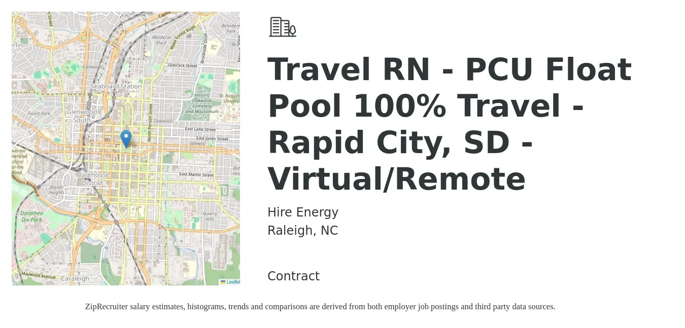 Hire Energy job posting for a Travel RN - PCU Float Pool 100% Travel - Rapid City, SD - Virtual/Remote in Raleigh, NC with a salary of $1,980 to $2,680 Weekly with a map of Raleigh location.
