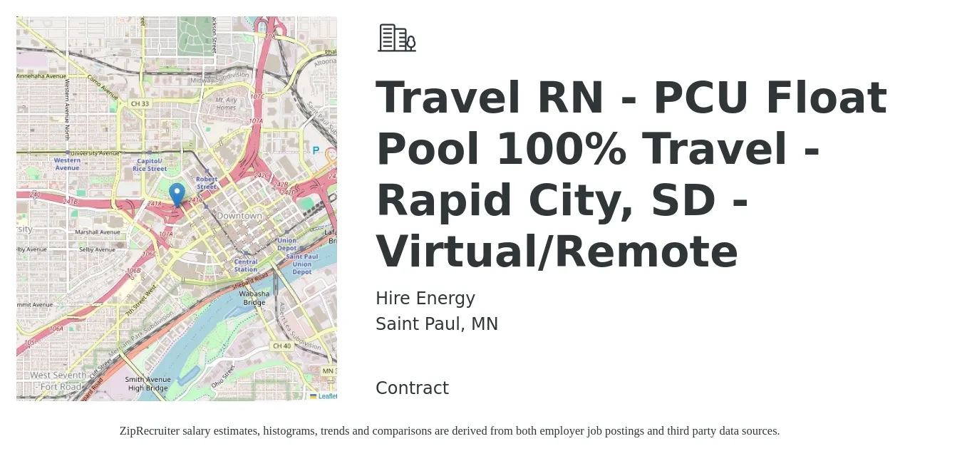 Hire Energy job posting for a Travel RN - PCU Float Pool 100% Travel - Rapid City, SD - Virtual/Remote in Saint Paul, MN with a salary of $2,060 to $2,790 Weekly with a map of Saint Paul location.