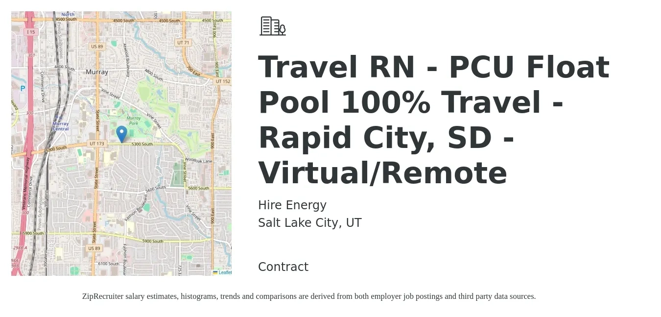 Hire Energy job posting for a Travel RN - PCU Float Pool 100% Travel - Rapid City, SD - Virtual/Remote in Salt Lake City, UT with a salary of $1,970 to $2,670 Weekly with a map of Salt Lake City location.