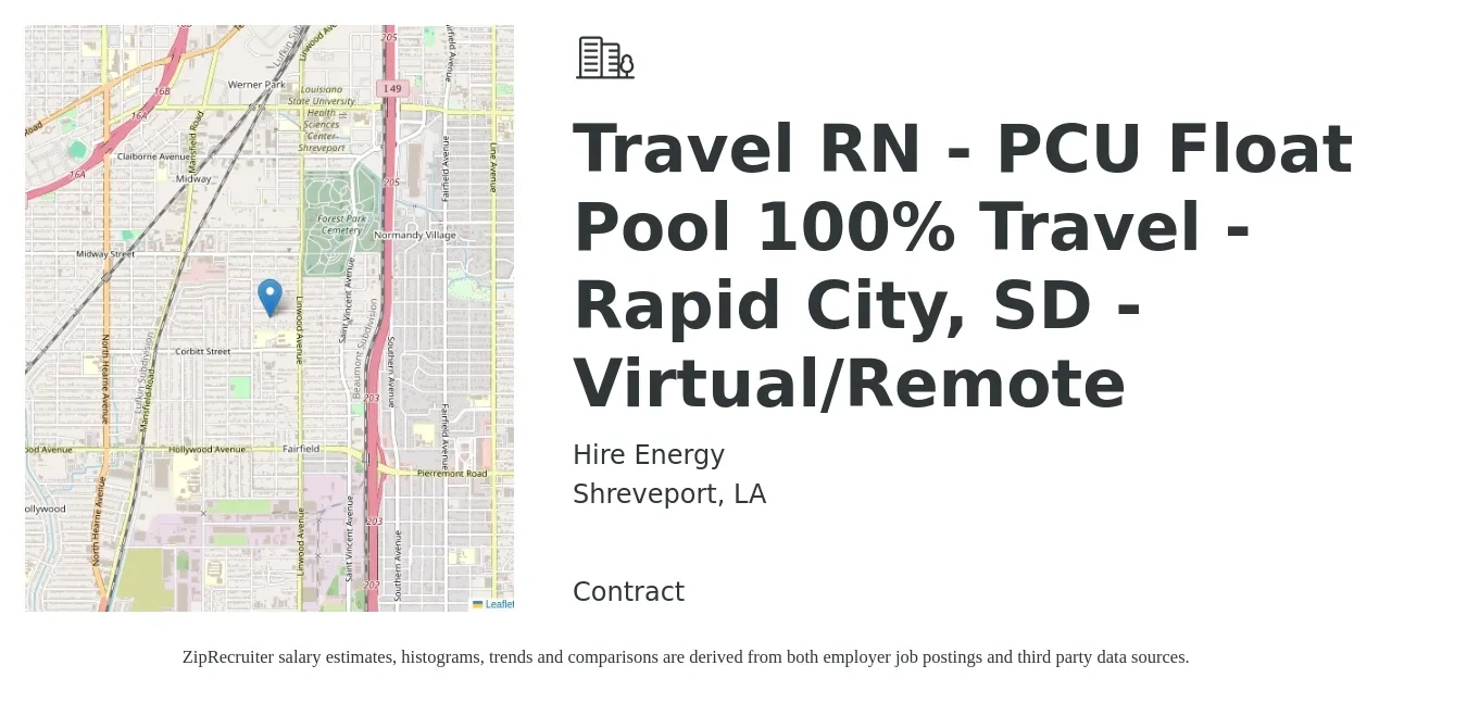 Hire Energy job posting for a Travel RN - PCU Float Pool 100% Travel - Rapid City, SD - Virtual/Remote in Shreveport, LA with a salary of $2,020 to $2,740 Weekly with a map of Shreveport location.