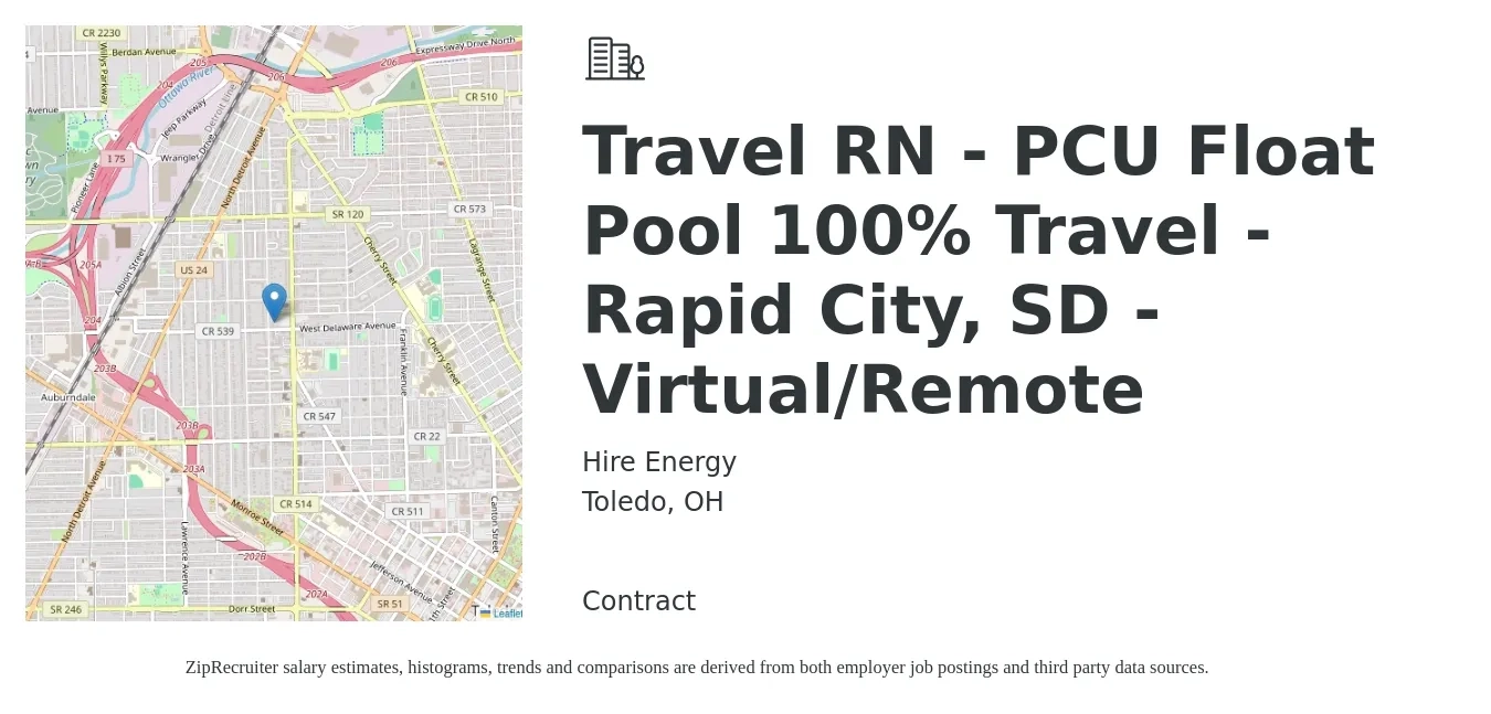 Hire Energy job posting for a Travel RN - PCU Float Pool 100% Travel - Rapid City, SD - Virtual/Remote in Toledo, OH with a salary of $2,010 to $2,720 Weekly with a map of Toledo location.