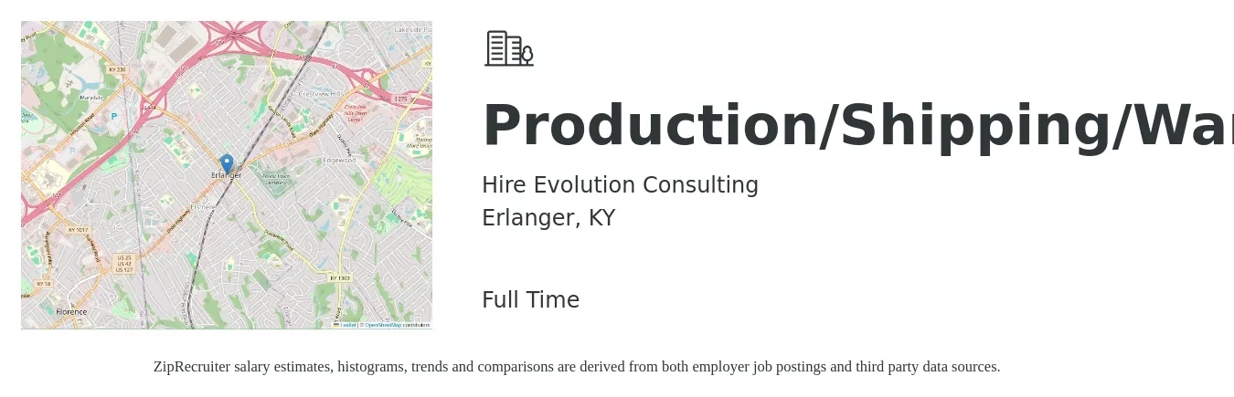Hire Evolution Consulting job posting for a Production/Shipping/Warehouse in Erlanger, KY with a salary of $15 to $18 Hourly with a map of Erlanger location.