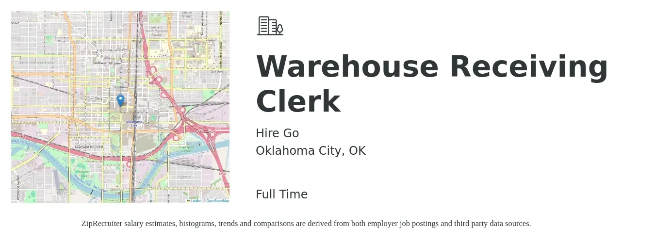 Hire Go job posting for a Warehouse Receiving Clerk in Oklahoma City, OK with a salary of $14 Hourly with a map of Oklahoma City location.