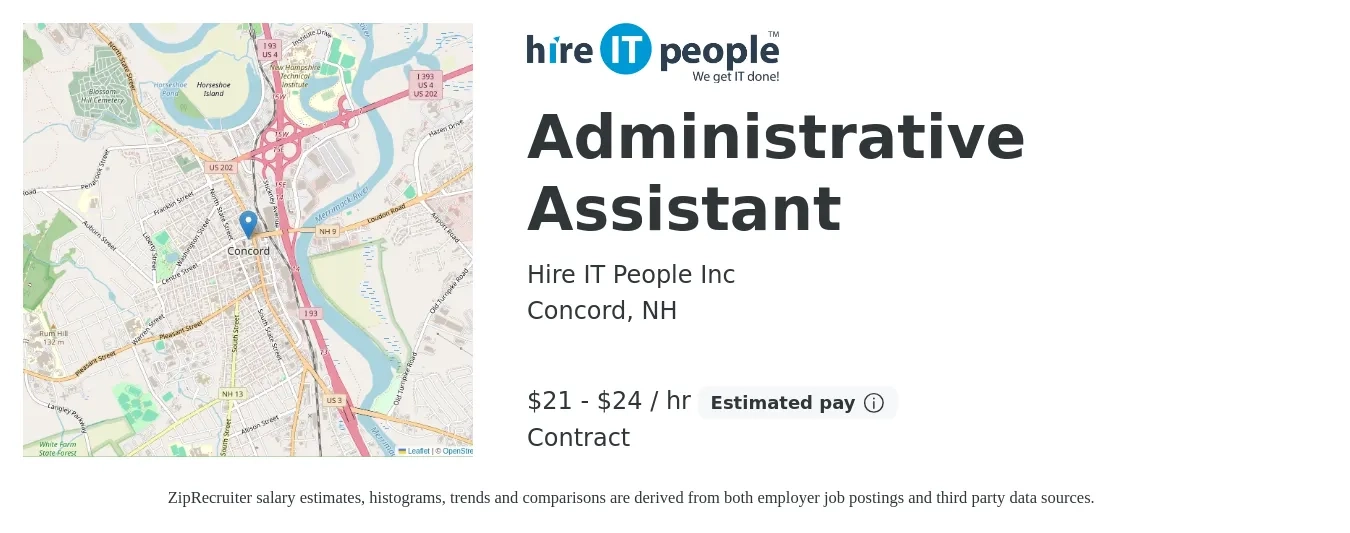 Hire IT People Inc job posting for a Administrative Assistant in Concord, NH with a salary of $22 to $25 Hourly with a map of Concord location.