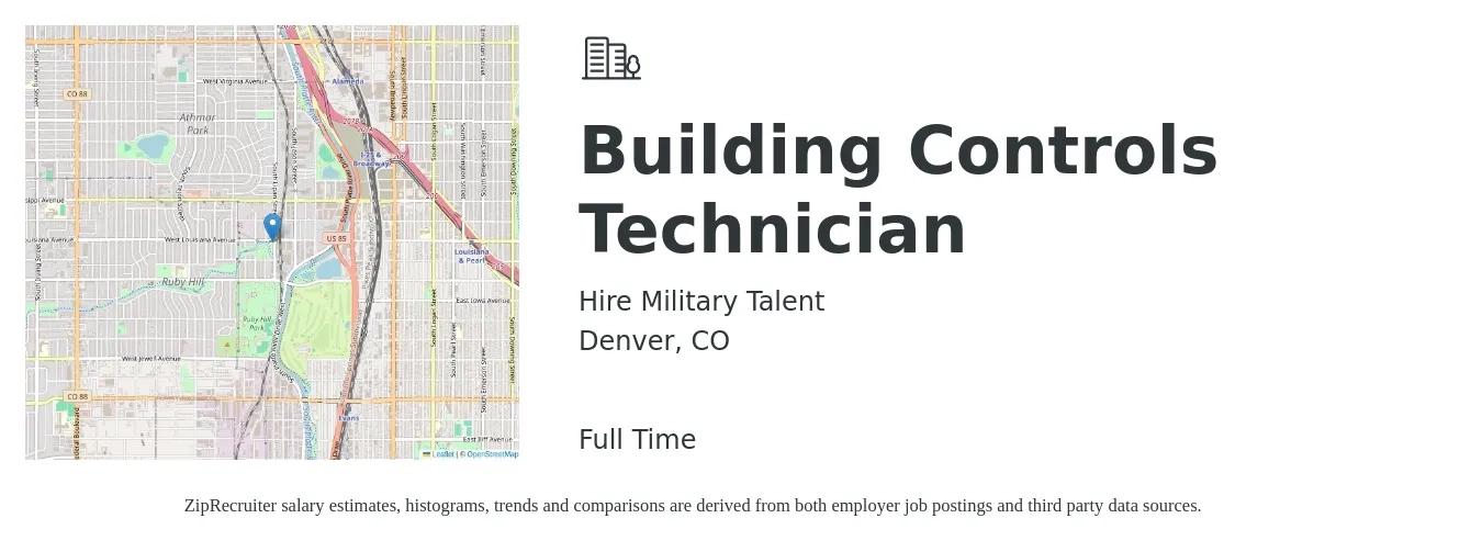 Hire Military Talent job posting for a Building Controls Technician in Denver, CO with a salary of $31 to $41 Hourly with a map of Denver location.