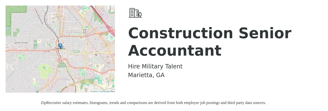Hire Military Talent job posting for a Construction Senior Accountant in Marietta, GA with a salary of $70,100 to $88,200 Yearly with a map of Marietta location.