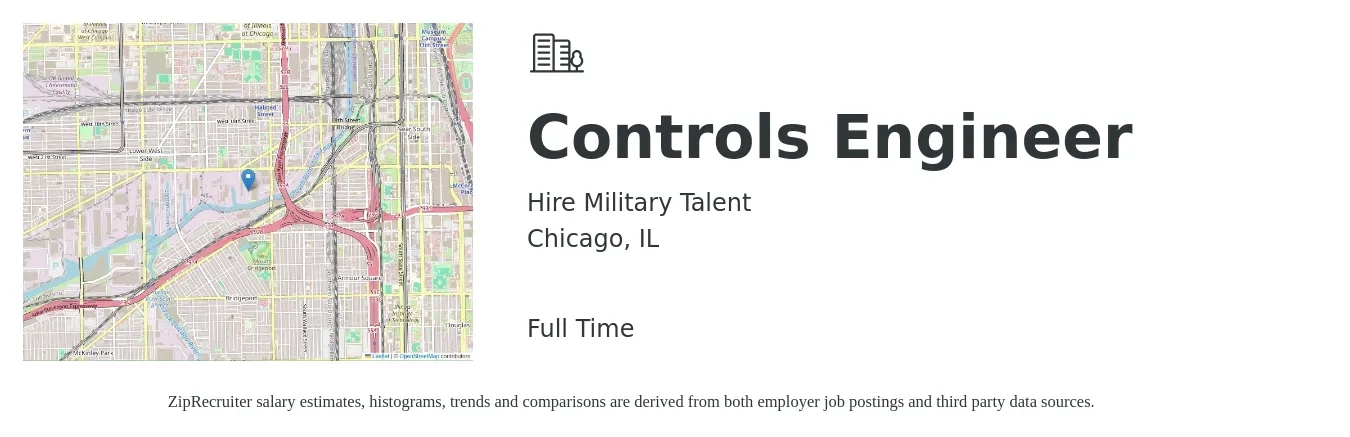 Hire Military Talent job posting for a Controls Engineer in Chicago, IL with a salary of $86,000 to $111,300 Yearly with a map of Chicago location.