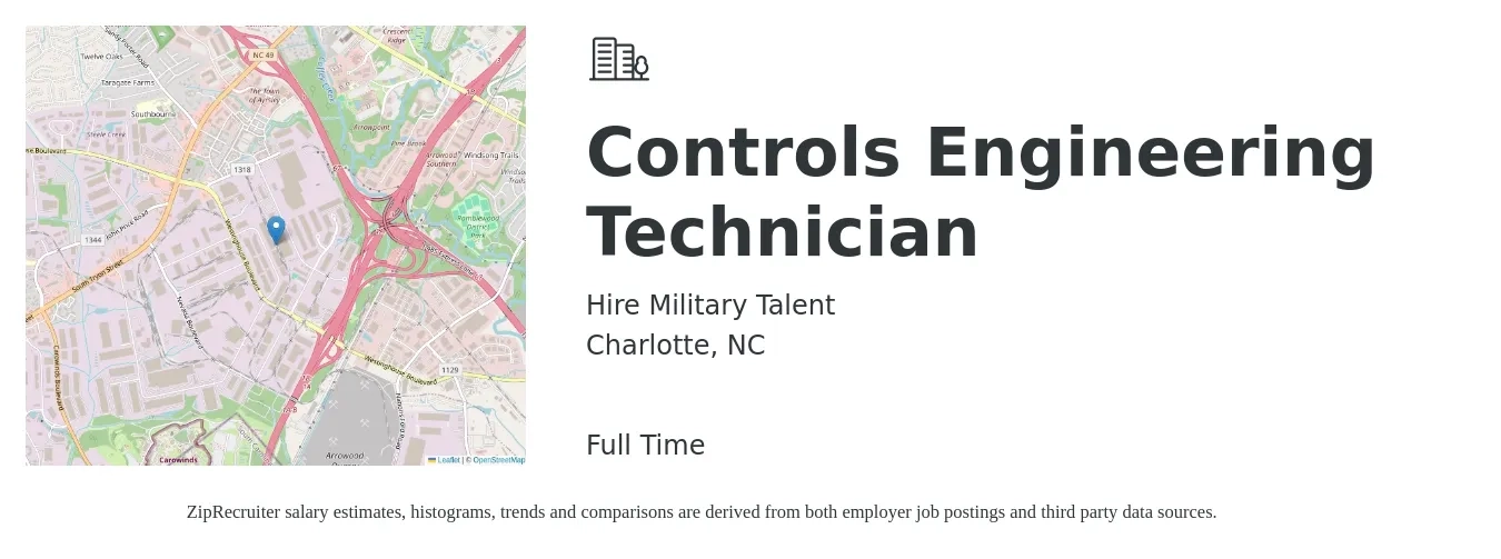 Hire Military Talent job posting for a Controls Engineering Technician in Charlotte, NC with a salary of $29 to $38 Hourly with a map of Charlotte location.
