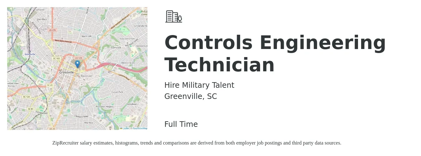 Hire Military Talent job posting for a Controls Engineering Technician in Greenville, SC with a salary of $28 to $37 Hourly with a map of Greenville location.