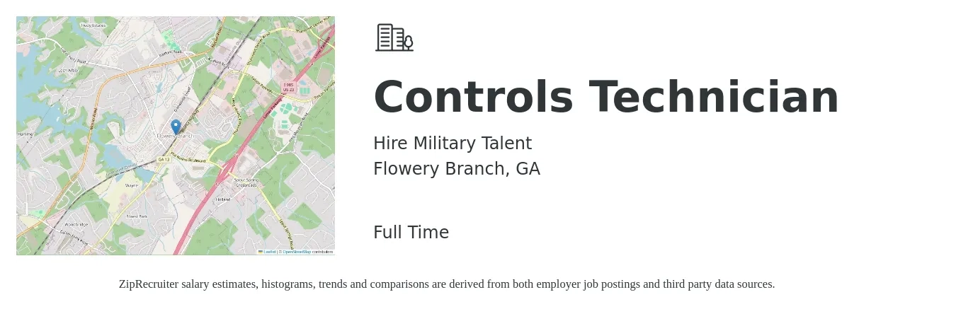 Hire Military Talent job posting for a Controls Technician in Flowery Branch, GA with a salary of $28 to $36 Hourly with a map of Flowery Branch location.