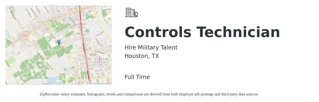 Hire Military Talent job posting for a Controls Technician in Houston, TX with a salary of $29 to $38 Hourly with a map of Houston location.