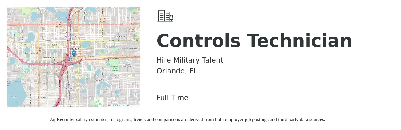 Hire Military Talent job posting for a Controls Technician in Orlando, FL with a salary of $28 to $37 Hourly with a map of Orlando location.
