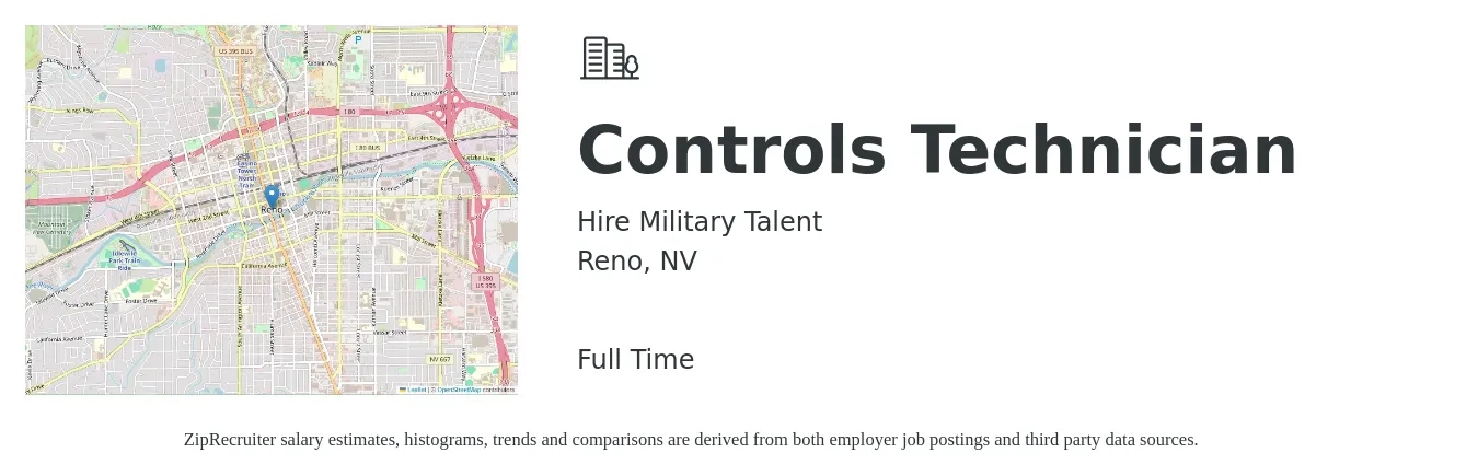 Hire Military Talent job posting for a Controls Technician in Reno, NV with a salary of $30 to $40 Hourly with a map of Reno location.