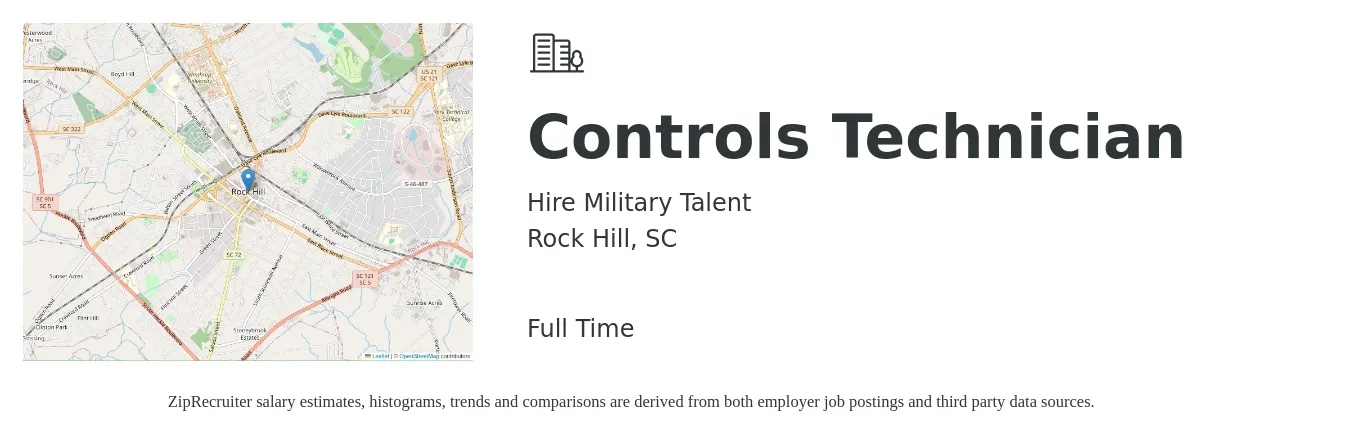 Hire Military Talent job posting for a Controls Technician in Rock Hill, SC with a salary of $25 to $33 Hourly with a map of Rock Hill location.