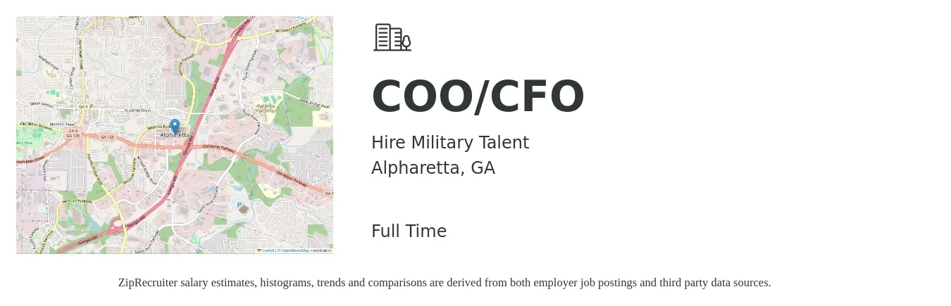Hire Military Talent job posting for a COO/CFO in Alpharetta, GA with a salary of $150,000 to $200,000 Yearly with a map of Alpharetta location.