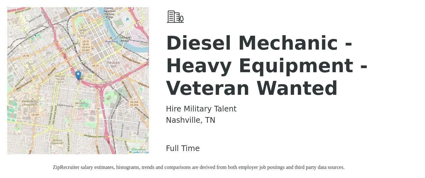 Hire Military Talent job posting for a Diesel Mechanic - Heavy Equipment - Veteran Wanted in Nashville, TN with a salary of $23 to $32 Hourly with a map of Nashville location.