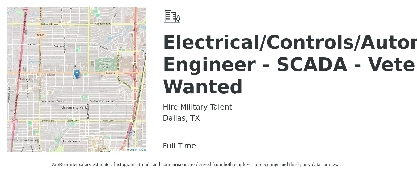 Hire Military Talent job posting for a Electrical/Controls/Automation Engineer - SCADA - Veteran Wanted in Dallas, TX with a salary of $79,100 to $105,800 Yearly with a map of Dallas location.